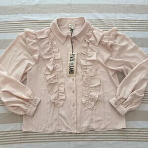 River Island NWT | light pink pearl trim ruffle crepe blouse shirt | US 8